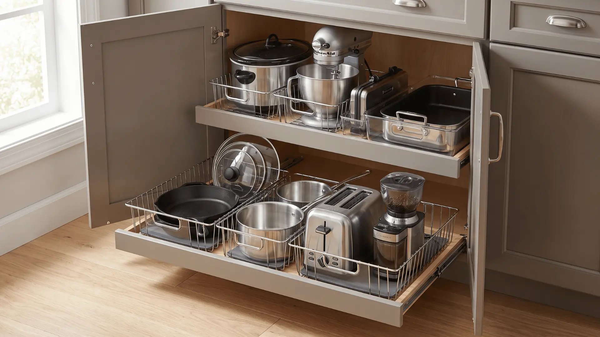 Deep lower cabinet organized with cookware, appliances, pull-out shelves, and handled bins for easier access.