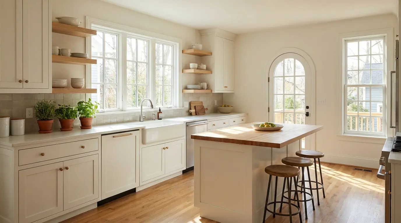 U-shaped kitchen with windows adding natural light and open design