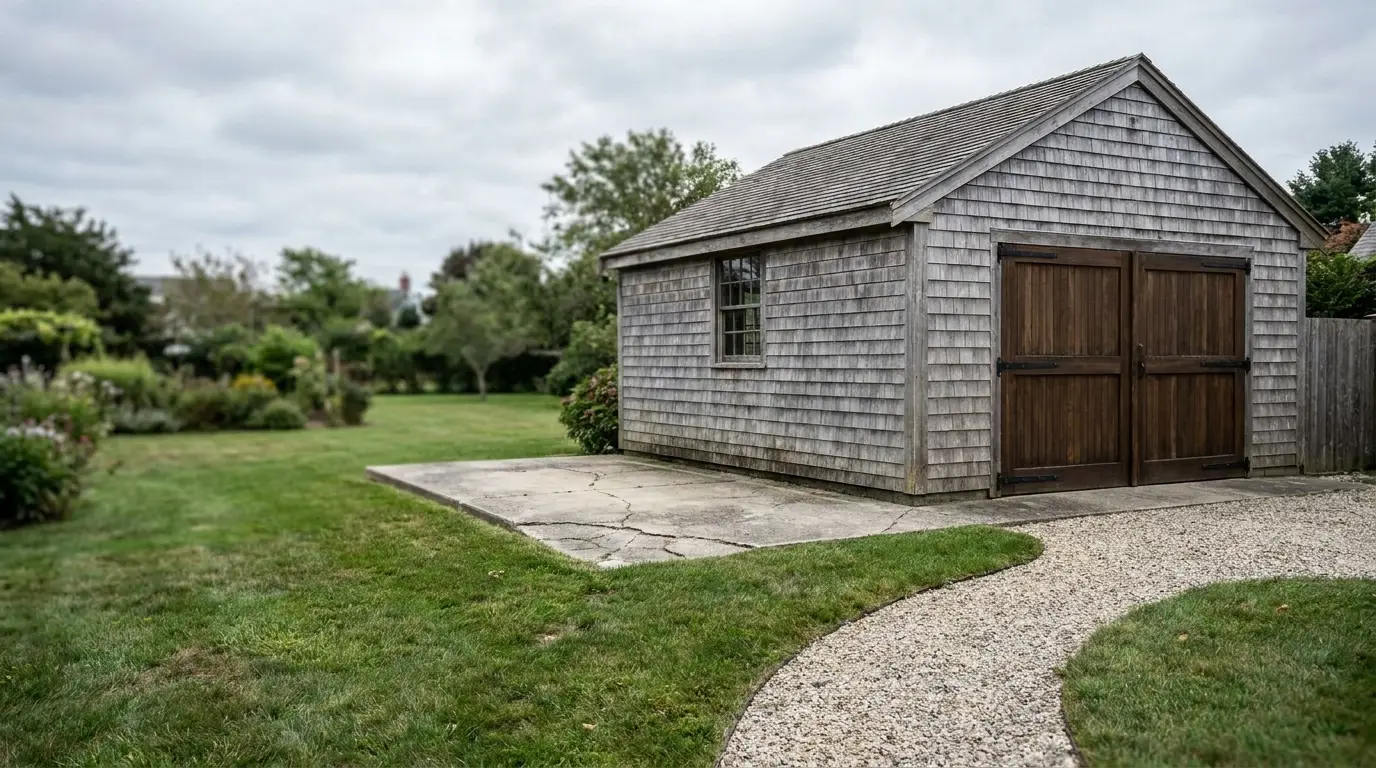 Rustic wooden shed with shingle siding in lush garden setting under overcast sky
