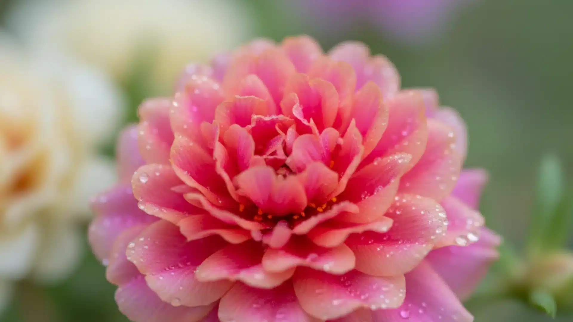 Close-up of a pink portulaca flower covered in tiny water droplets in sunlight.