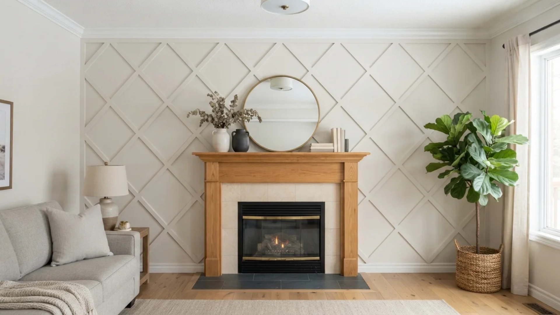 Cream-colored living room feature wall with an elegant diamond-patterned board-and-batten accent design