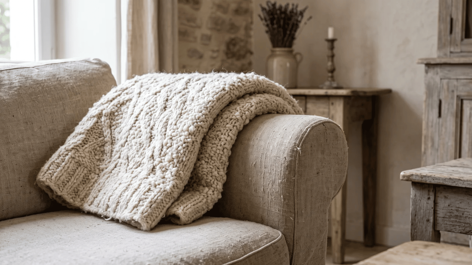 Wool throw draped over a linen sofa arm in a living room