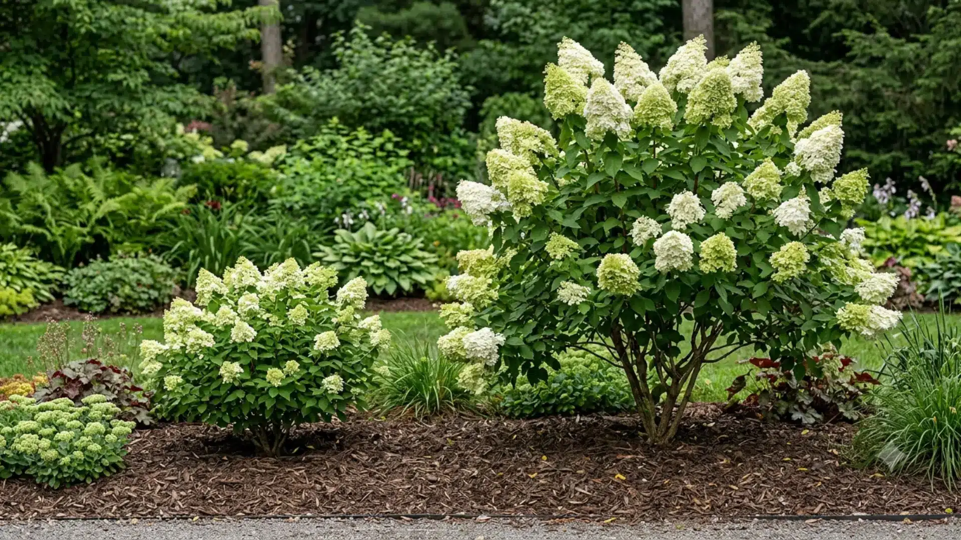 Two panicle hydrangea shrubs of different sizes planted side by side