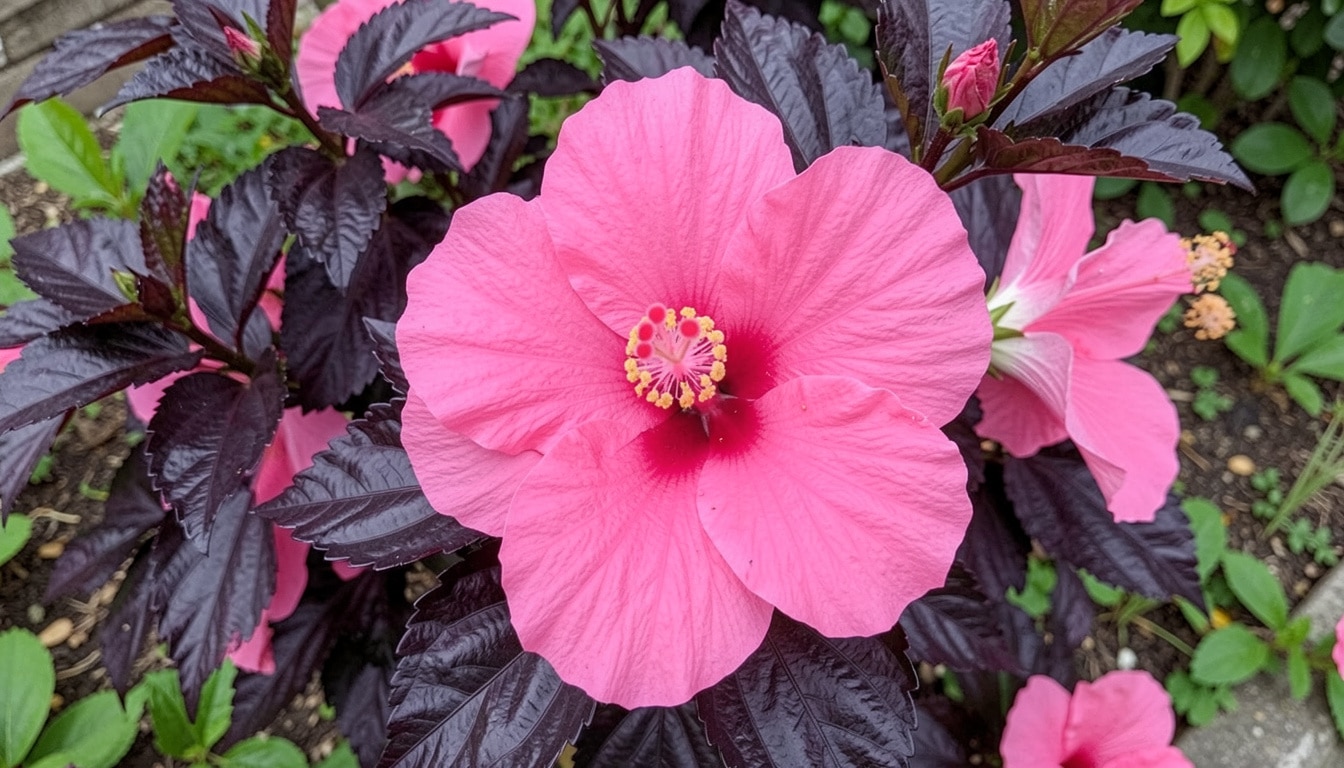 Edge of Night hibiscus with pink flowers and dark purple-black foliage