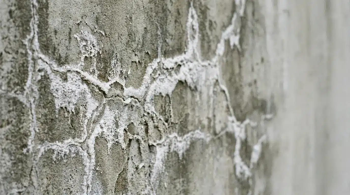 Close-up of a concrete wall with white efflorescence patterns