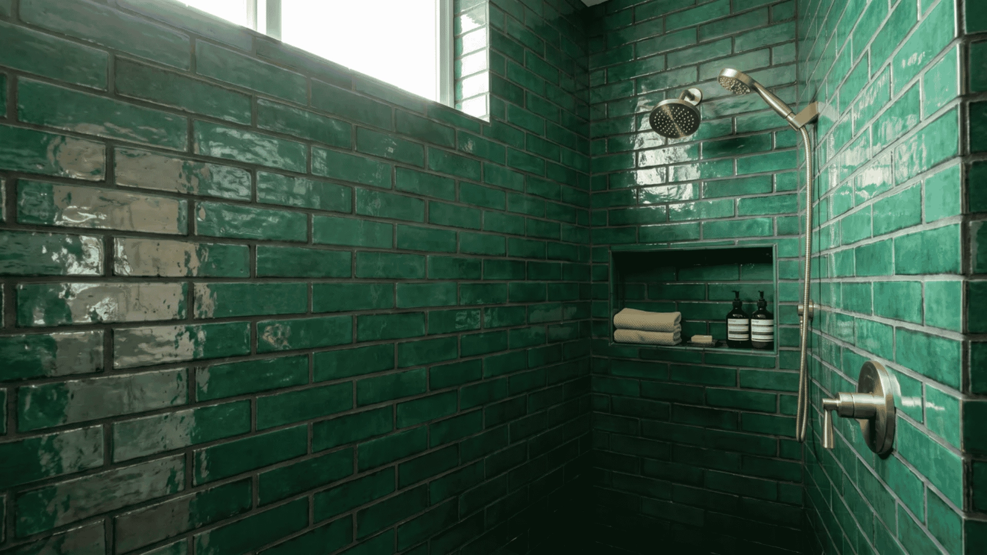 Emerald glazed brick tile shower enclosure