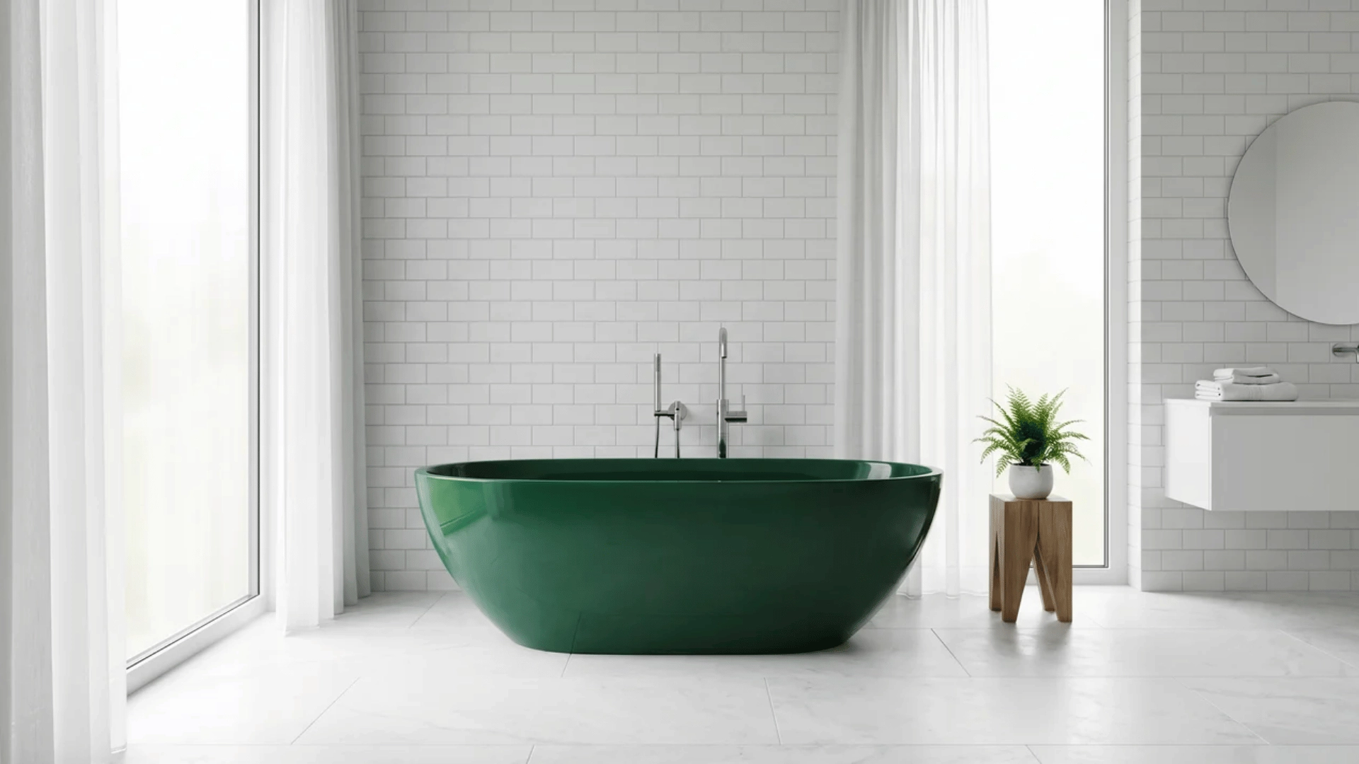 Emerald green freestanding bathtub in white bathroom