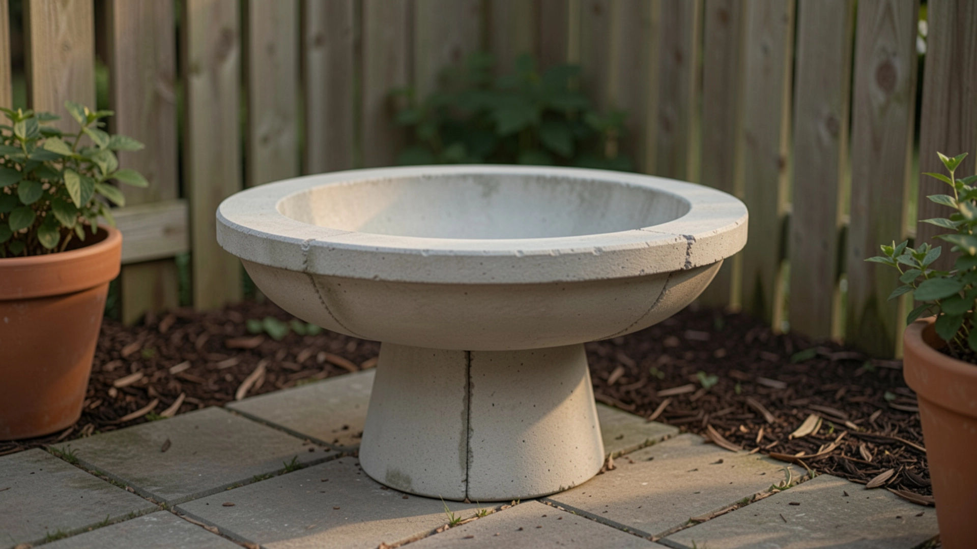 An empty light gray concrete bird bath standing on a stone patio near a wooden fence.