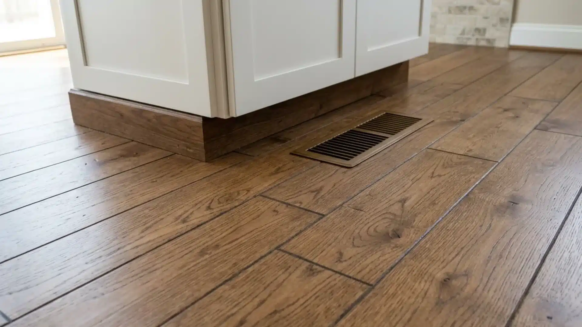 engineered hardwood plank flooring installed near a kitchen island and radiant vent
