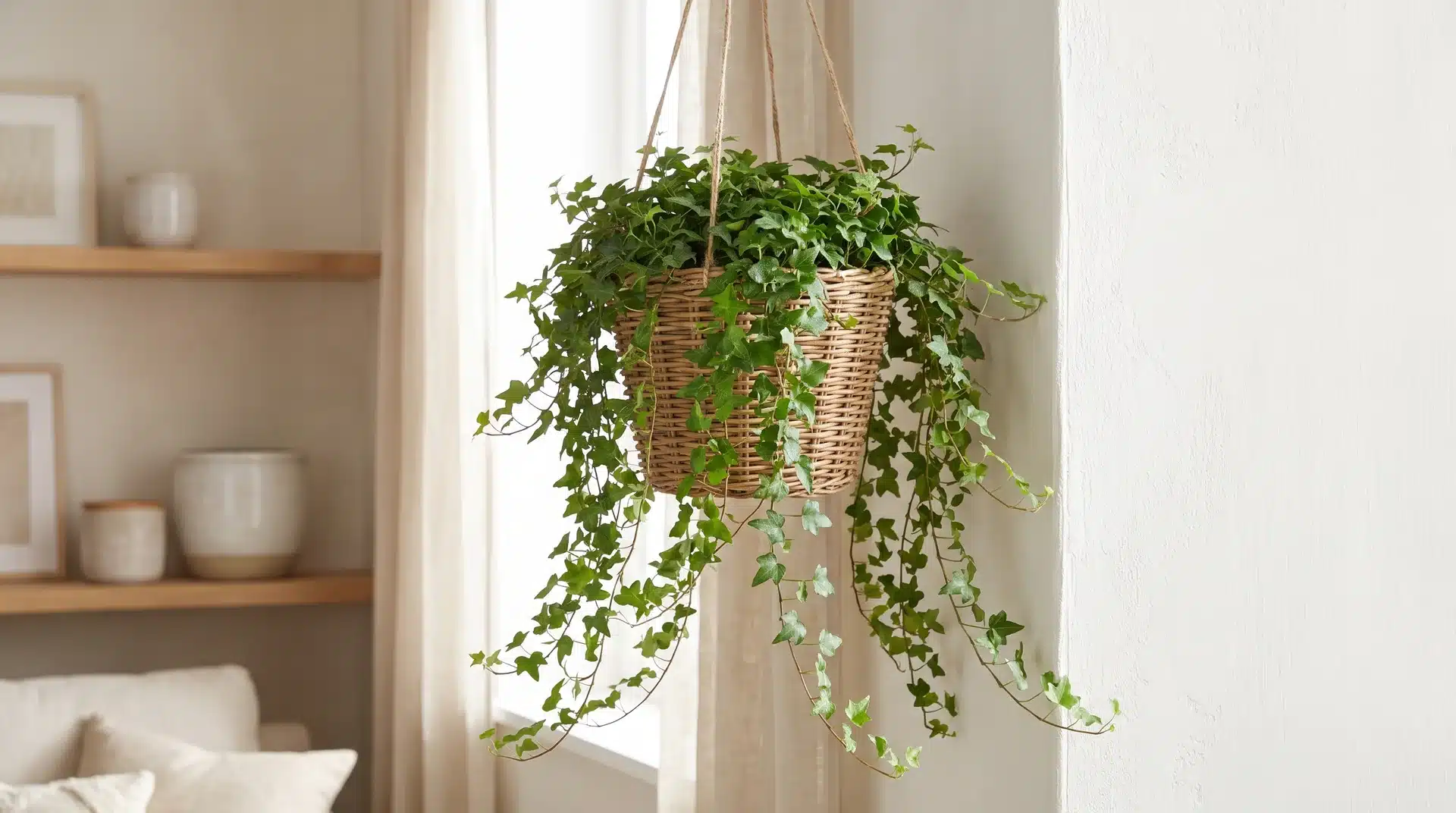 English ivy hanging plant with small leaves growing on long trailing vines in a basket.