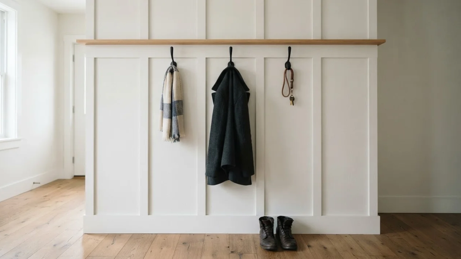 White board-and-batten entryway wall equipped with black hanging hooks and a wooden ledge.
