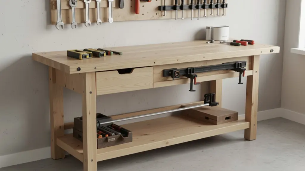 equipped-wooden-workbench-drawers-clamps