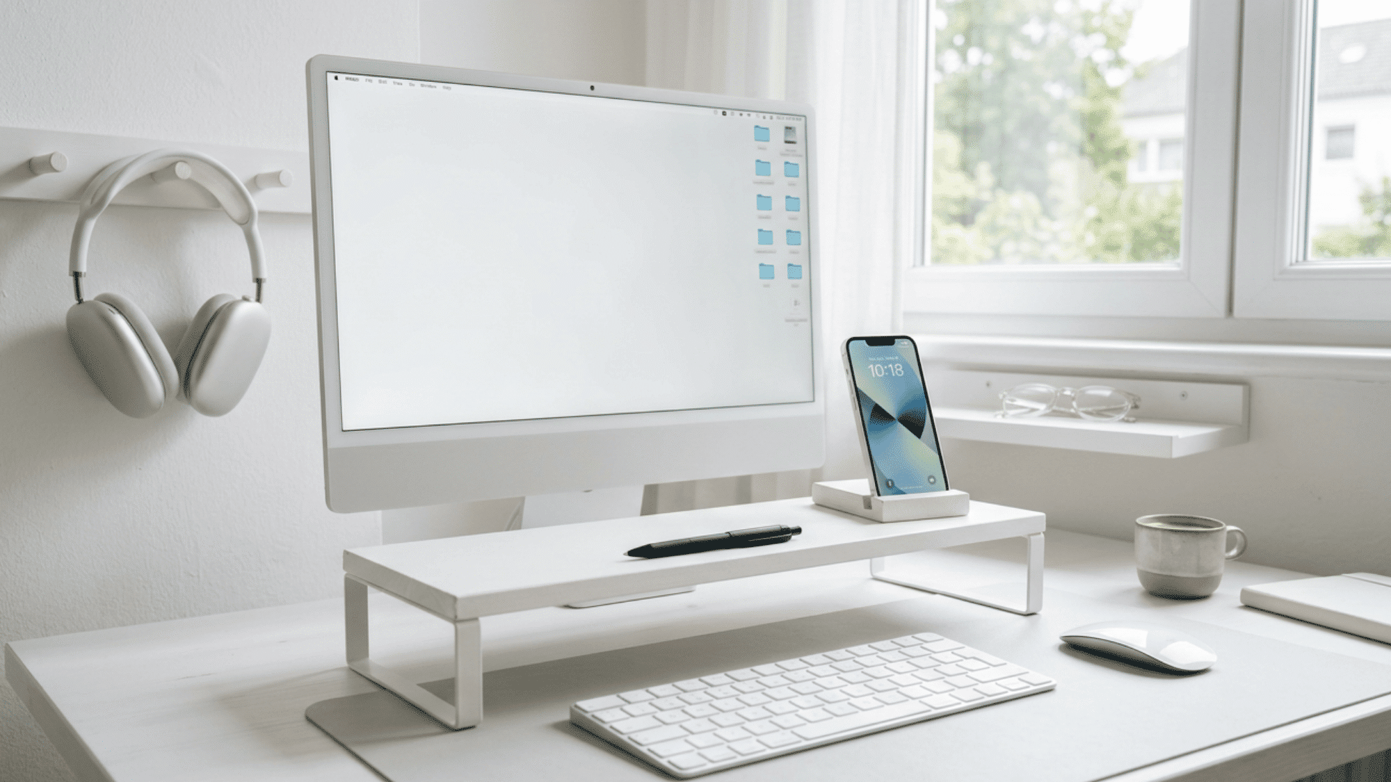 minimal home office desk setup with monitor keyboard mouse smartphone and headphones in a bright workspace