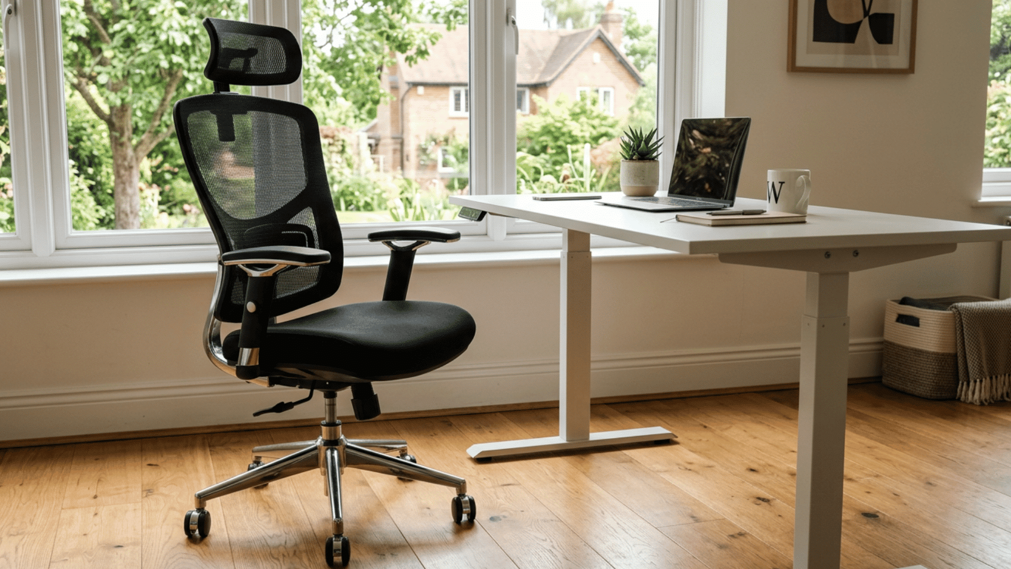 ergonomic office chair and adjustable standing desk in a bright home workspace with laptop and large windows