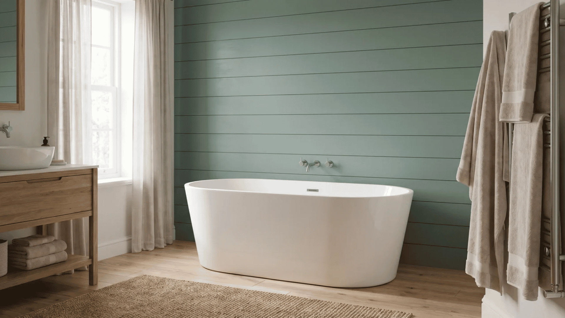Freestanding tub with eucalyptus green shiplap wall
