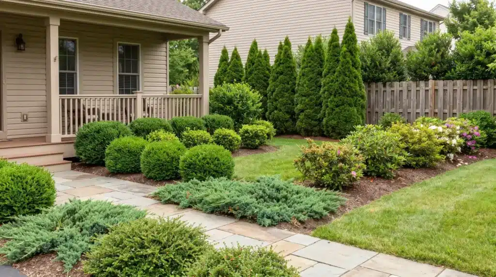 Different evergreen bushes used for borders, foundation beds, and privacy in an American yard.