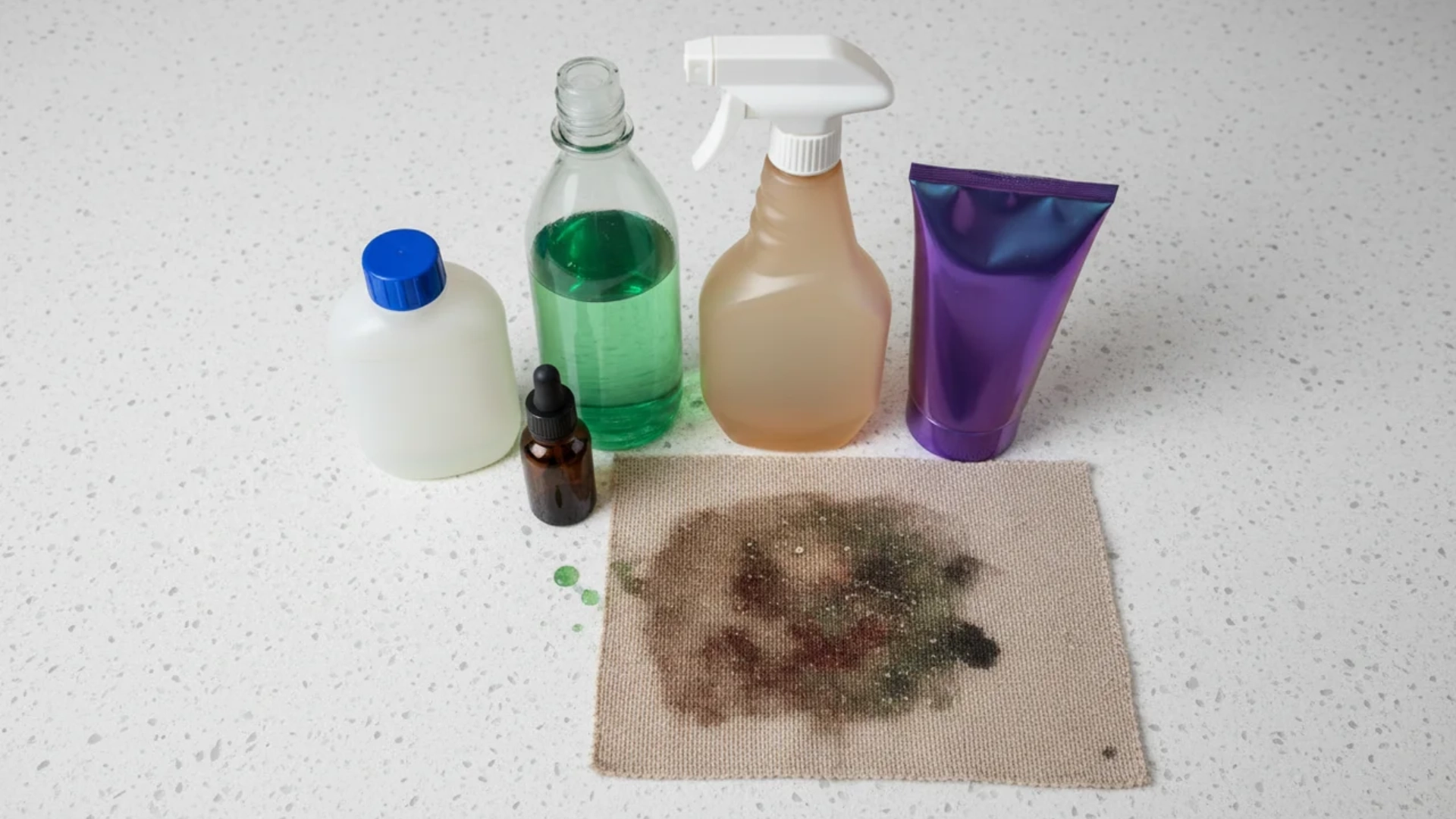 Various cleaning solutions and spray bottles placed beside a stained fabric swatch.