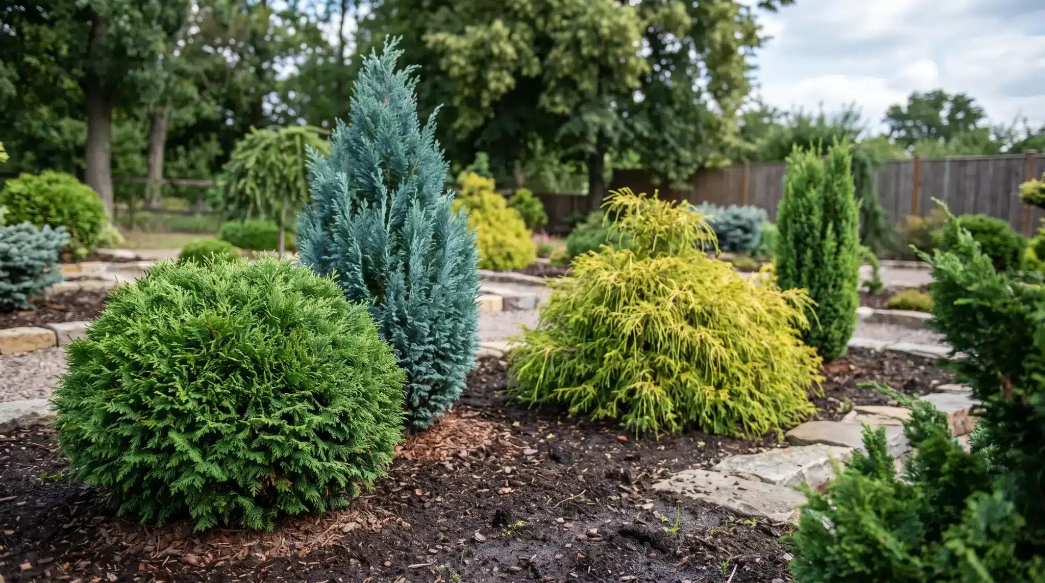 Rounded and narrow false cypress shrubs with green, blue, and gold foliage.