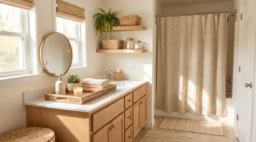 How to Decorate a Bathroom: 21 Ideas, Tips & Budget Fixes Decorated bathroom with styled vanity, shelves, towels, plants, and simple DIY decor updates.