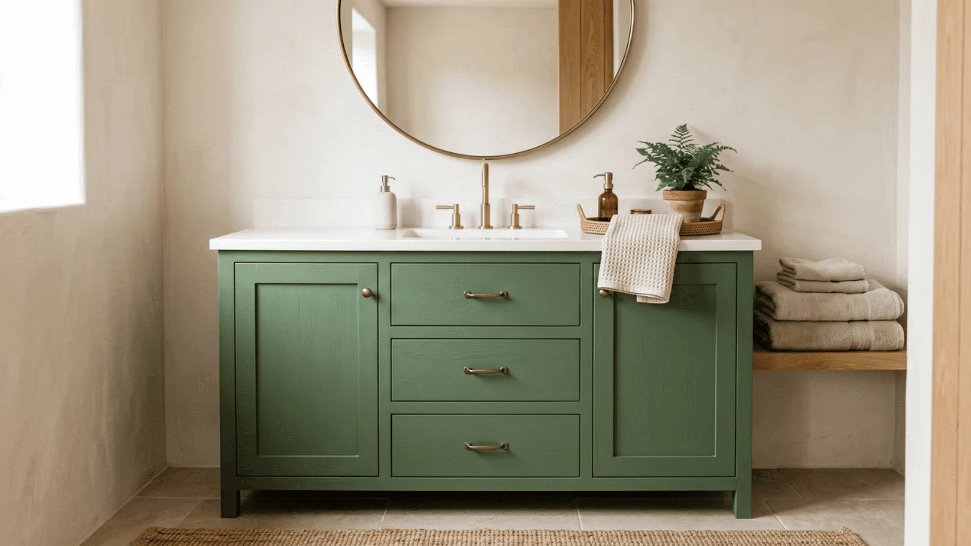 Fern green vanity with white sink in neutral bathroom