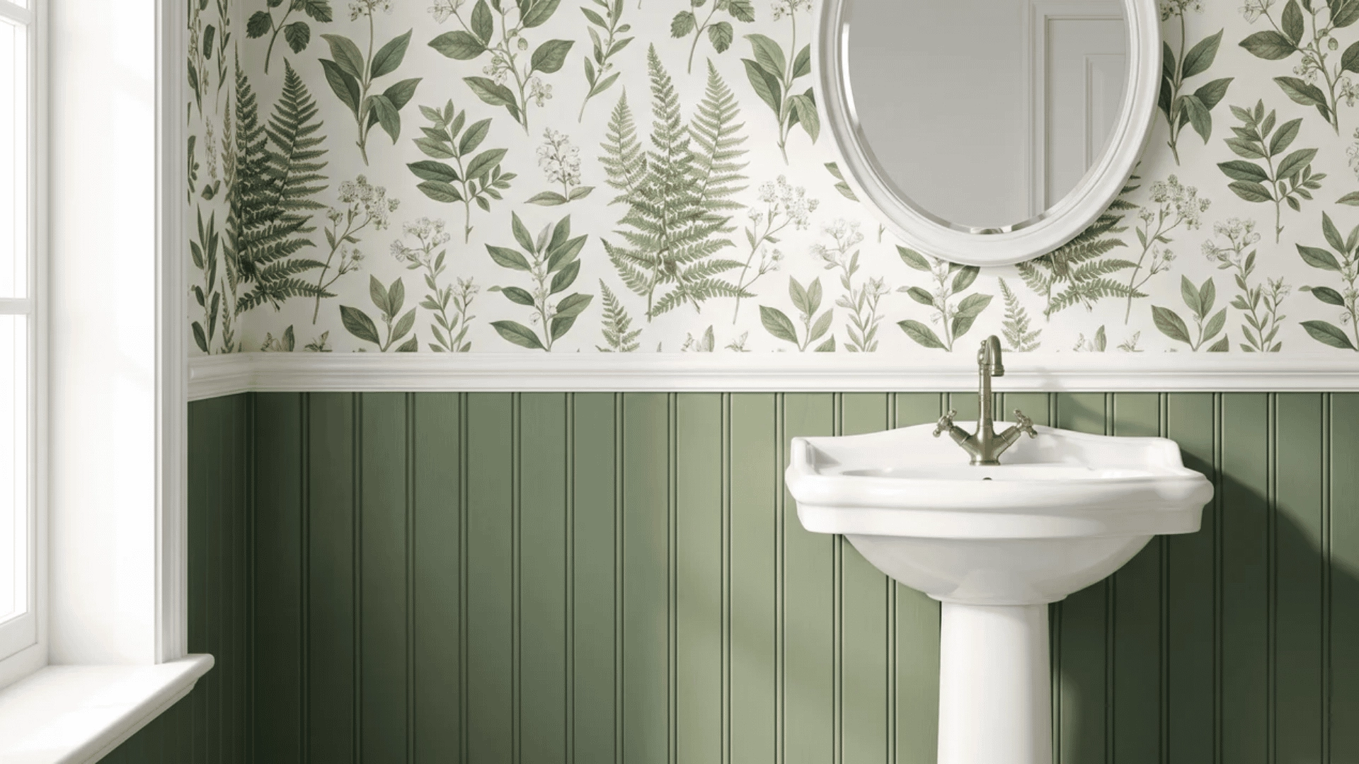 Fern green wainscoting with botanical wallpaper