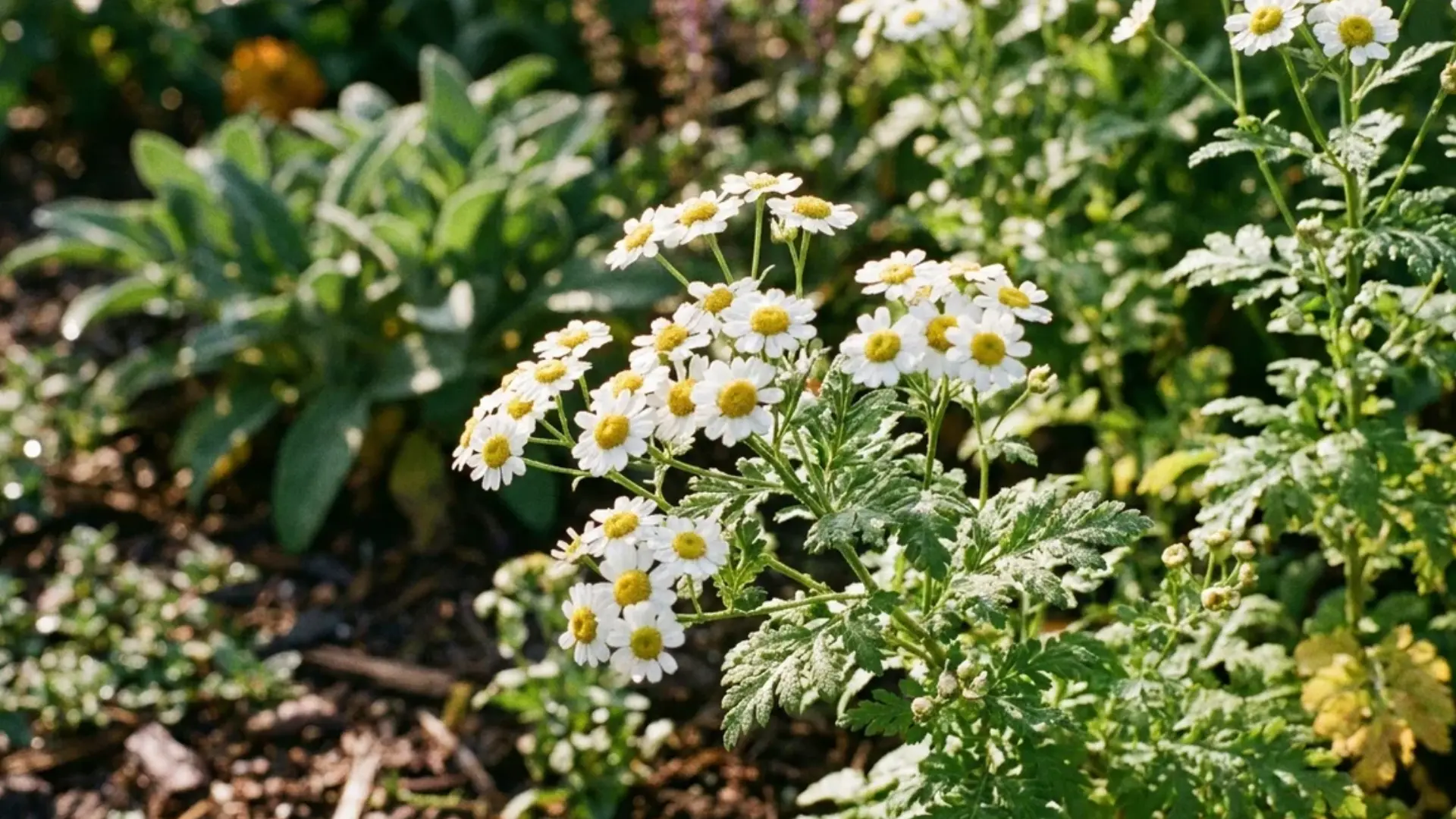 Small white feverfew daisy blooms growing in a cutting garden