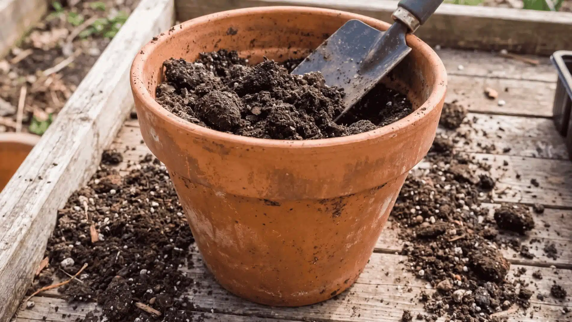 Mud-orange pot partially filled with loose potting mix