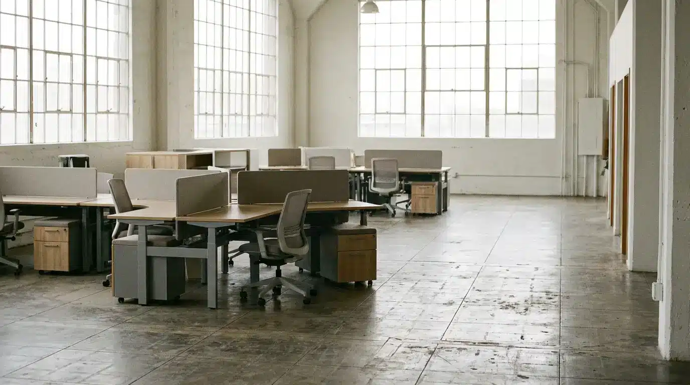 Empty open-plan office with rows of desks and chairs under large windows