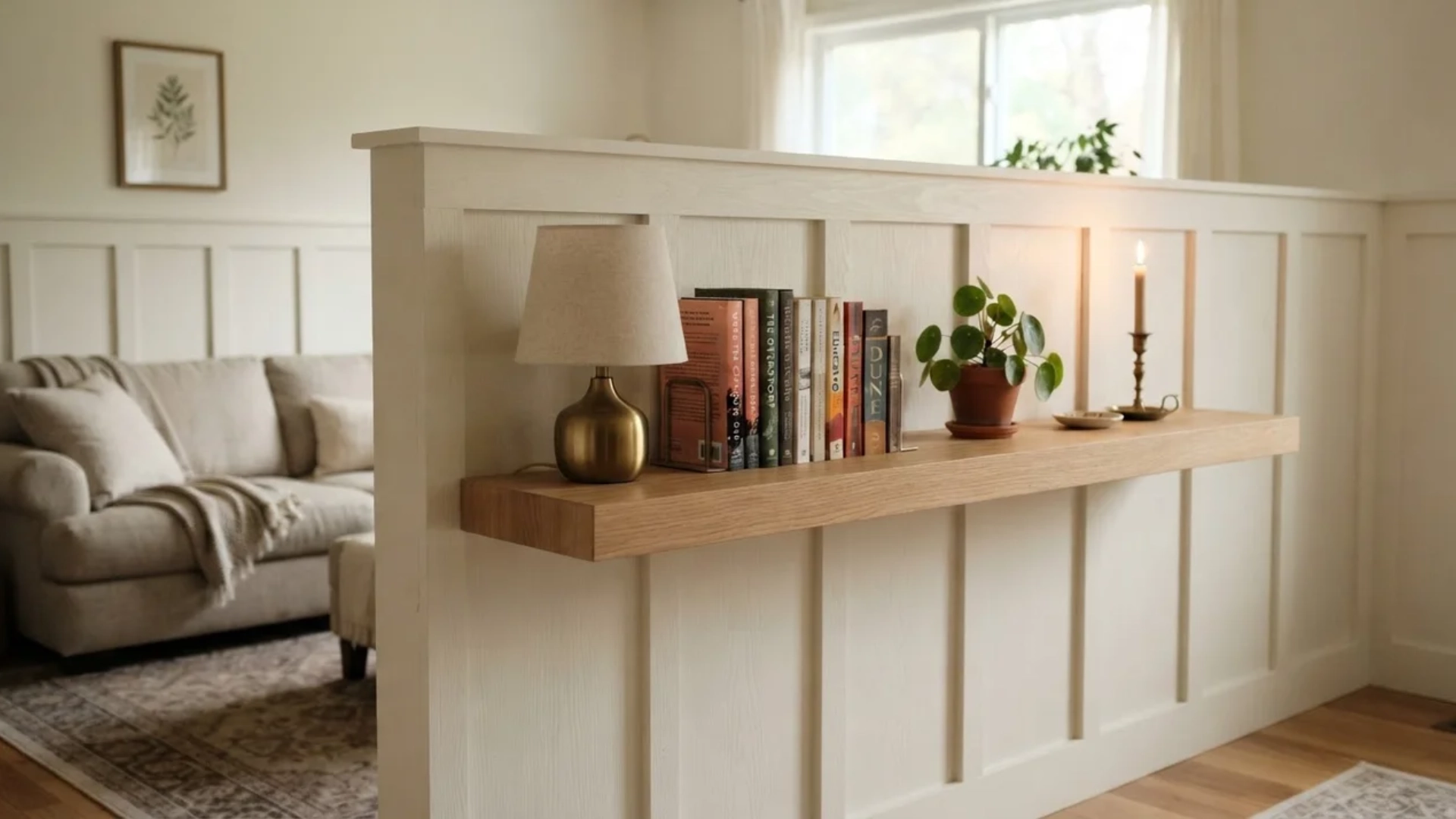 floating shelf built into board and batten top rail