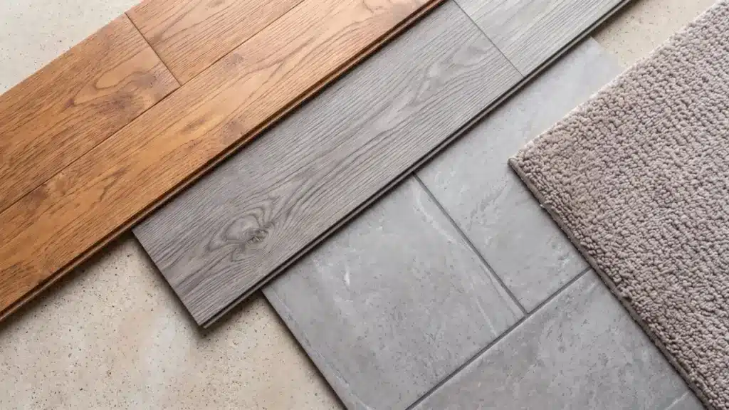 17 Flooring Types: Costs, Durability, Lifespan, and Uses Flooring samples showing hardwood, vinyl, tile, stone, carpet, and other flooring materials