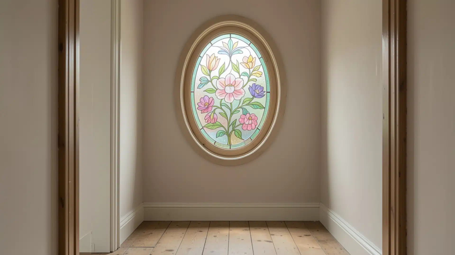 floral stained glass oval window in narrow cottage hallway