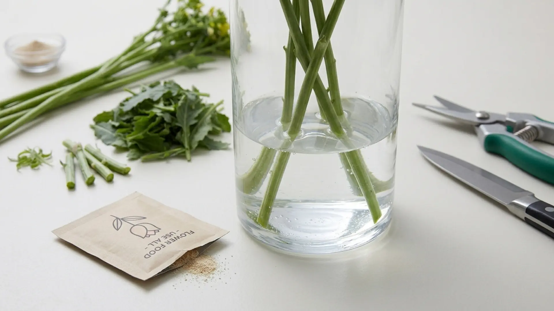 Flower food packet beside a vase with cut flowers