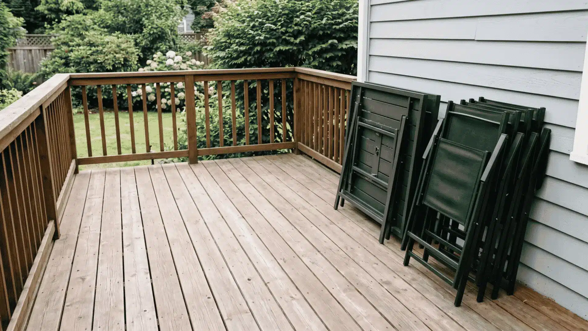 Folded table and stacked outdoor chairs stored against the side of a small deck