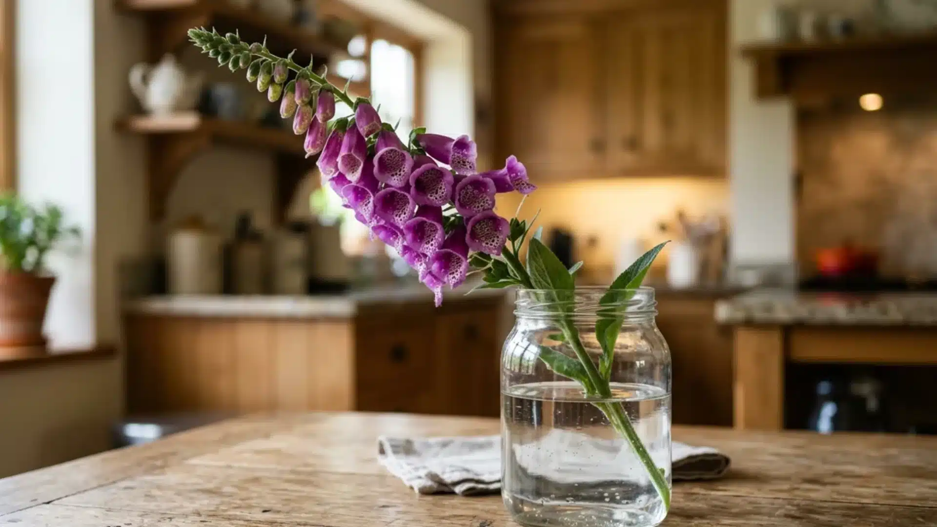 Cut purple foxglove stem in a glass jar on a wooden table