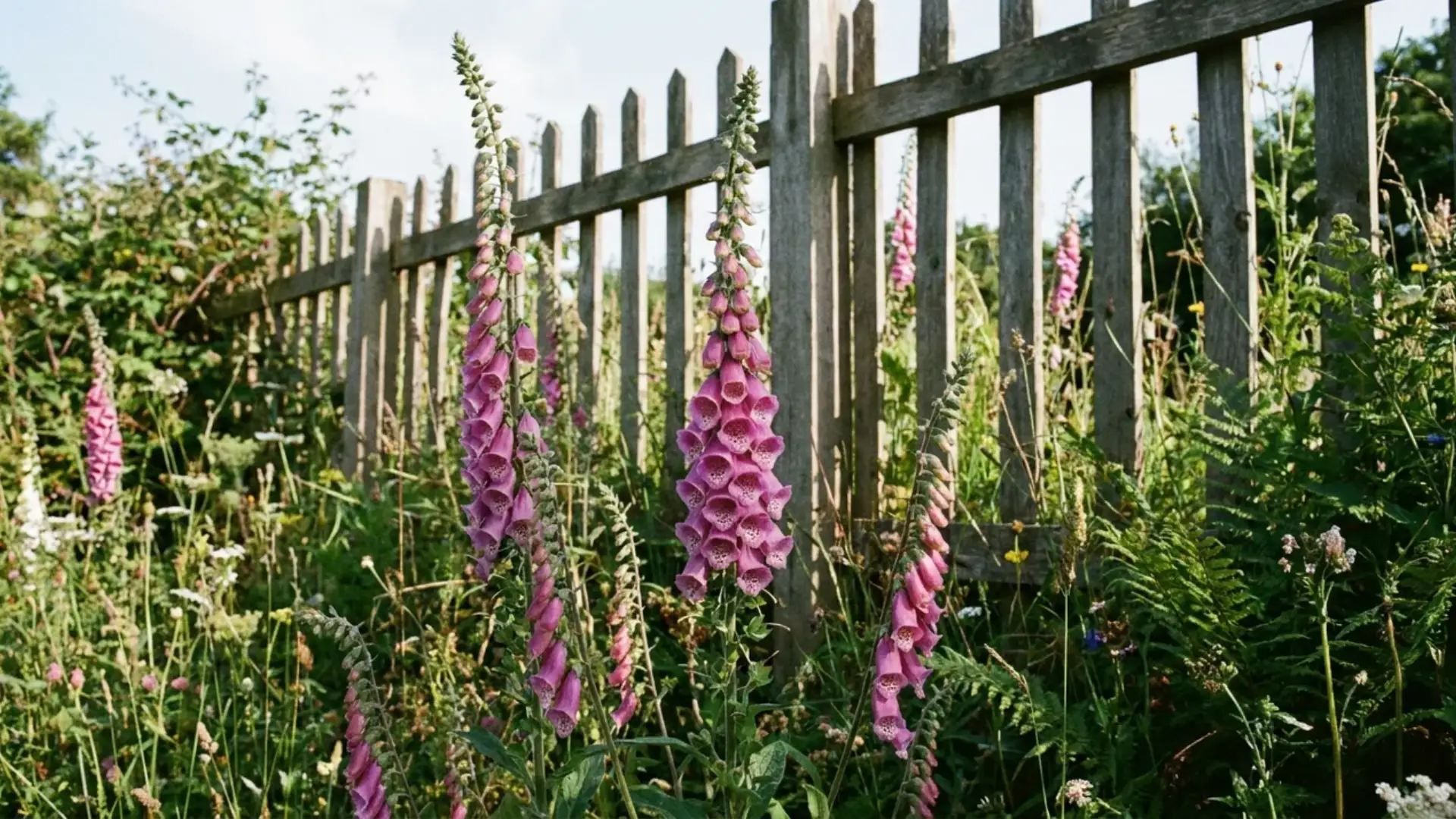 Tall purple foxglove spikes with spotted bell-shaped flowers outdoors