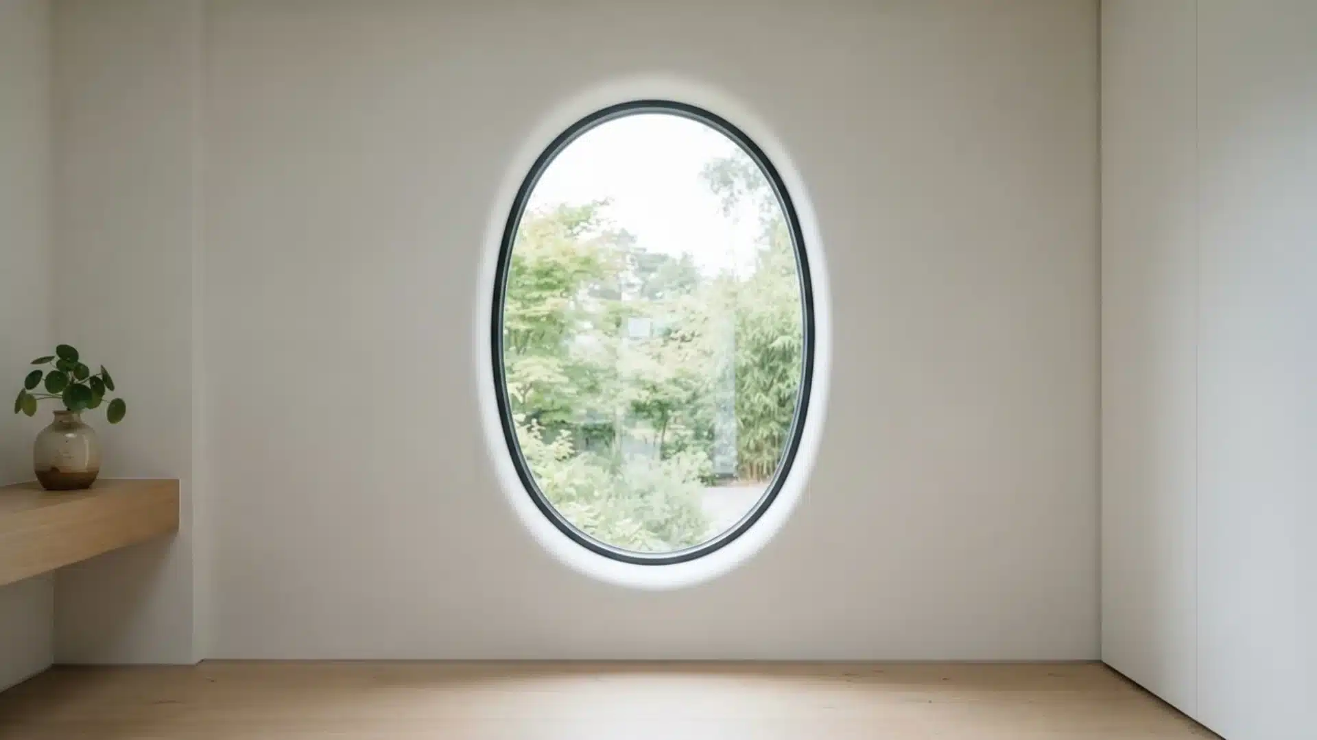 frameless looking oval window on plain wall in minimalist room