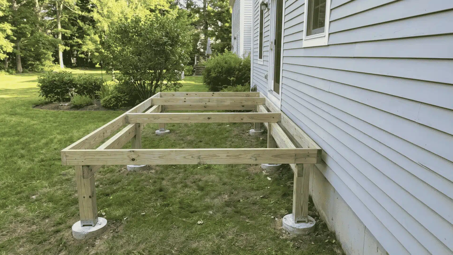Freestanding deck supported beside a house without a ledger board connection