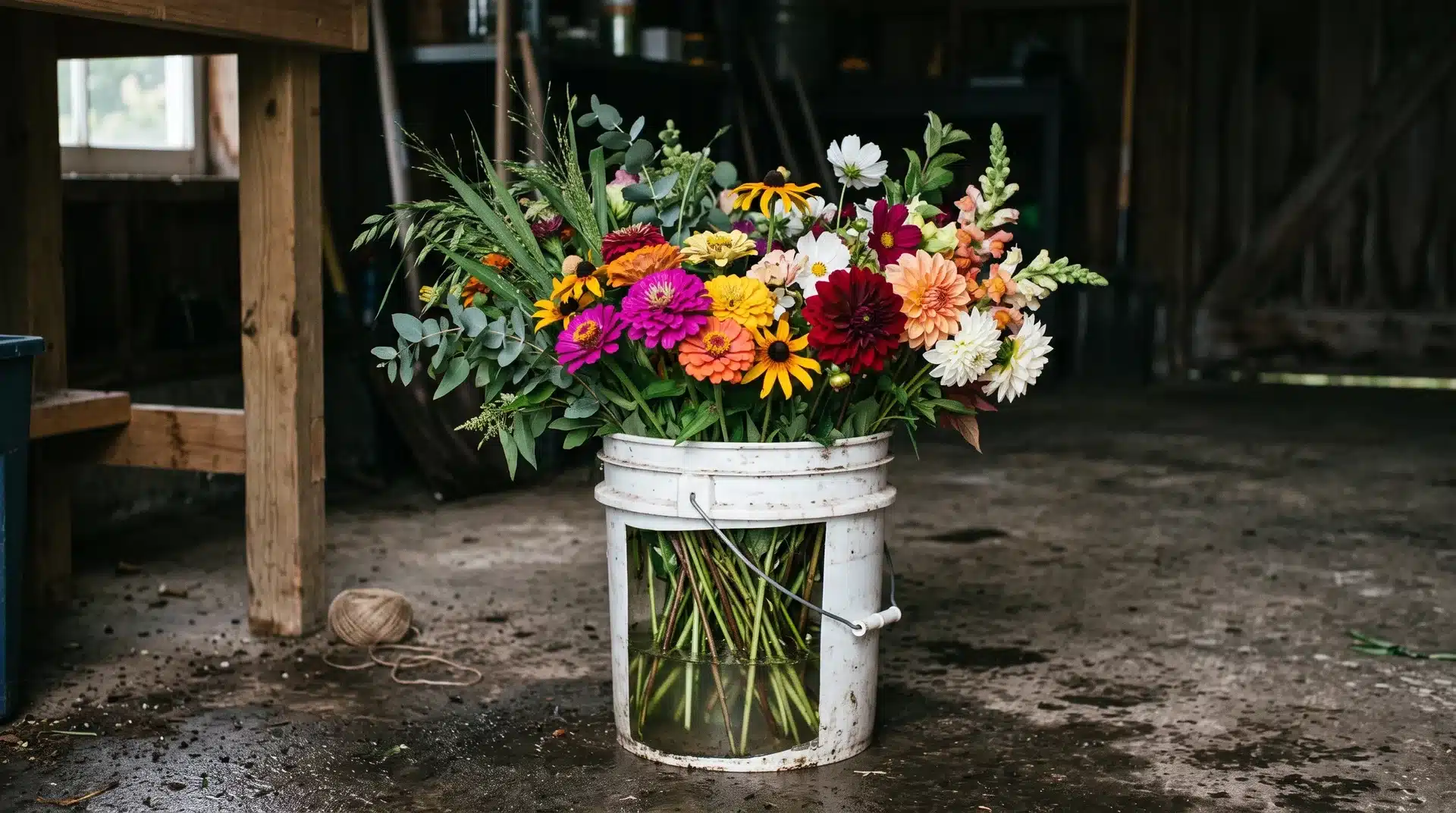 Cut flower stems conditioning in a water bucket