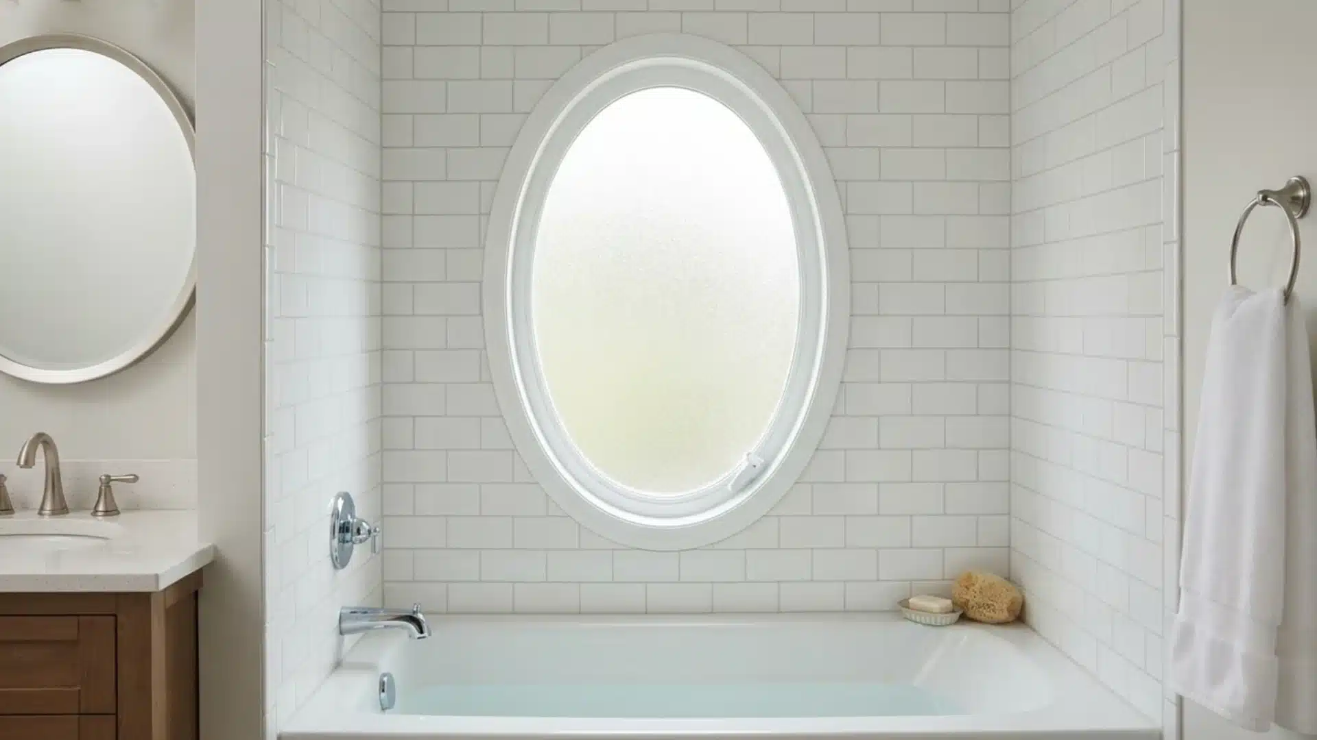 frosted oval window above bathtub in bathroom wall