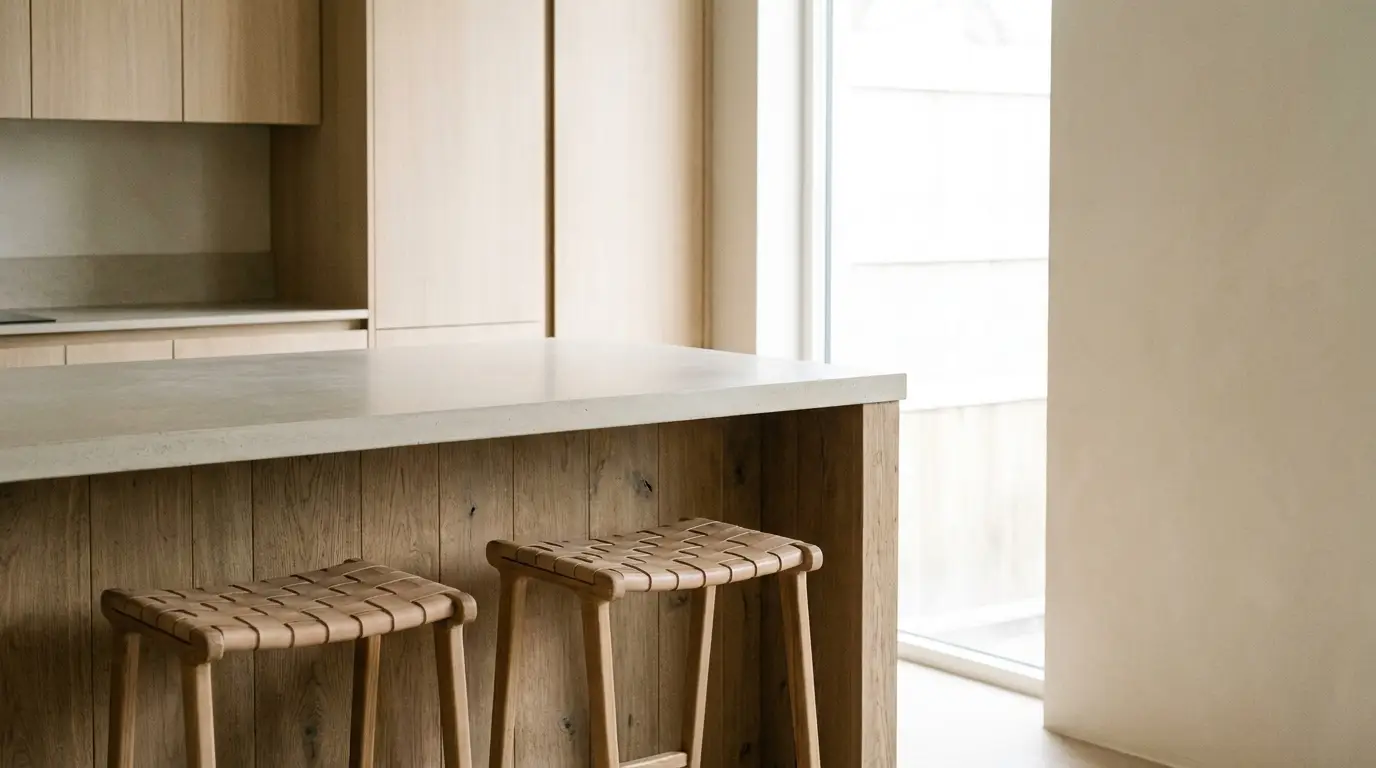Minimalist kitchen with light wood cabinets and woven stools at stone countertop