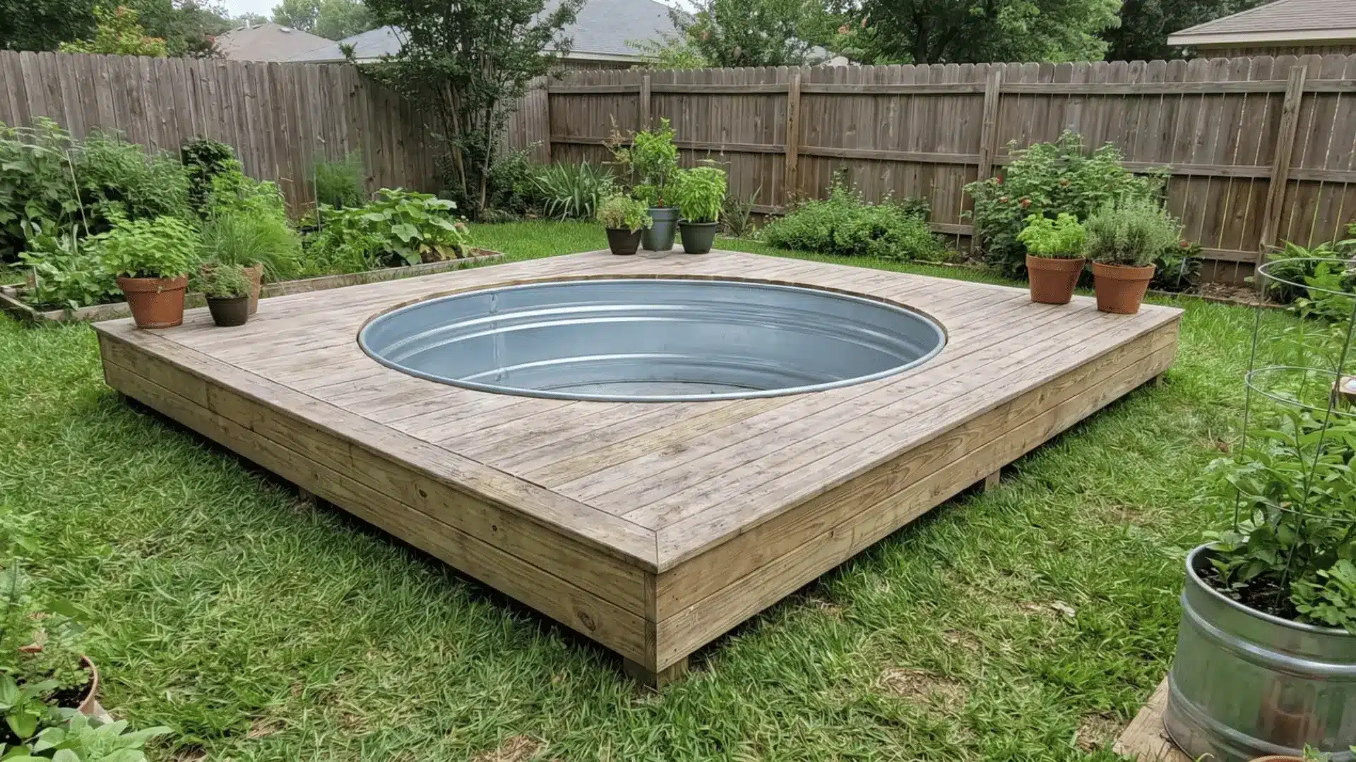 Galvanized stock tank surrounded by a low rim-height pressure-treated wood deck in a backyard