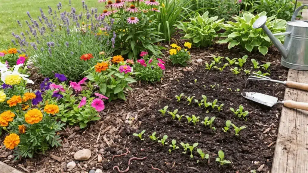 Garden Language: A Working Vocabulary for Every Gardener Garden bed with flowering plants, seedlings, soil, and gardening tools showing plant growth stages