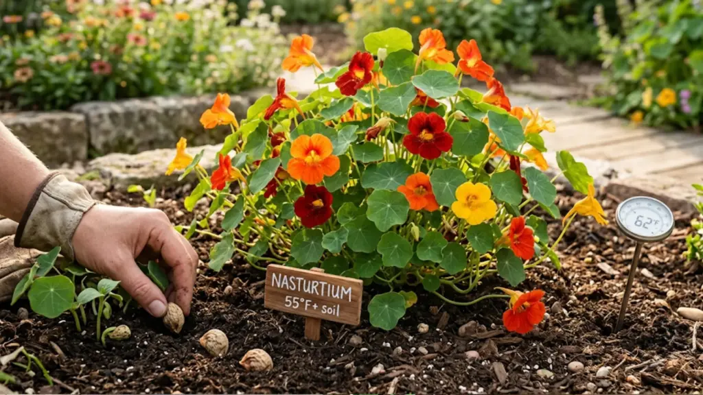 When to Plant Nasturtium Seeds for Healthy Blooms gardener’s gloved hand plants nasturtium seeds in dark soil next to a temperature probe reading 62°F