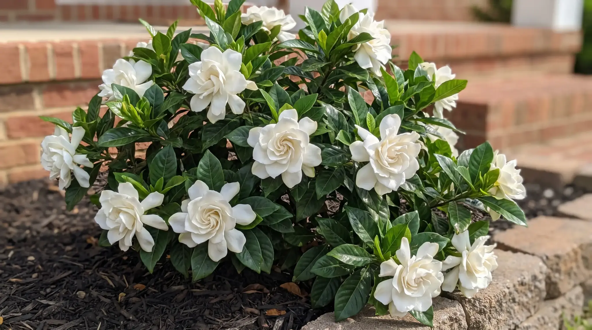 Gardenia shrub with glossy evergreen leaves and fragrant white flowers in a foundation bed.