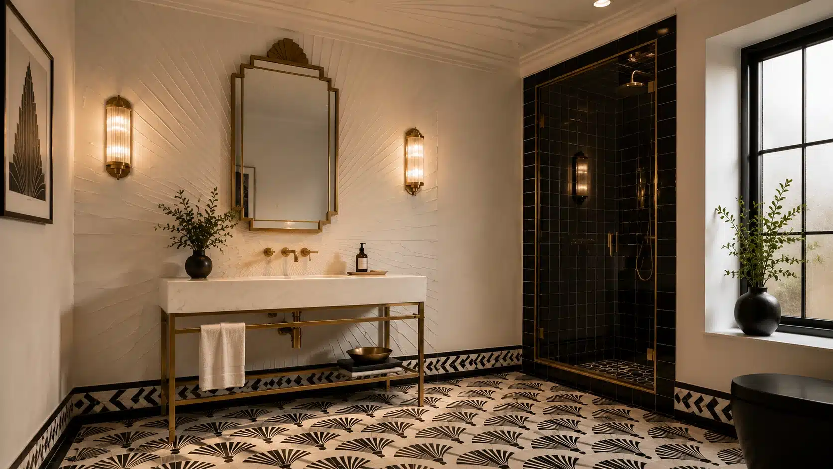 Art Deco bathroom with geometric fan floor tiles, sunburst plaster wall detail, chevron border and brass fixtures in black and cream