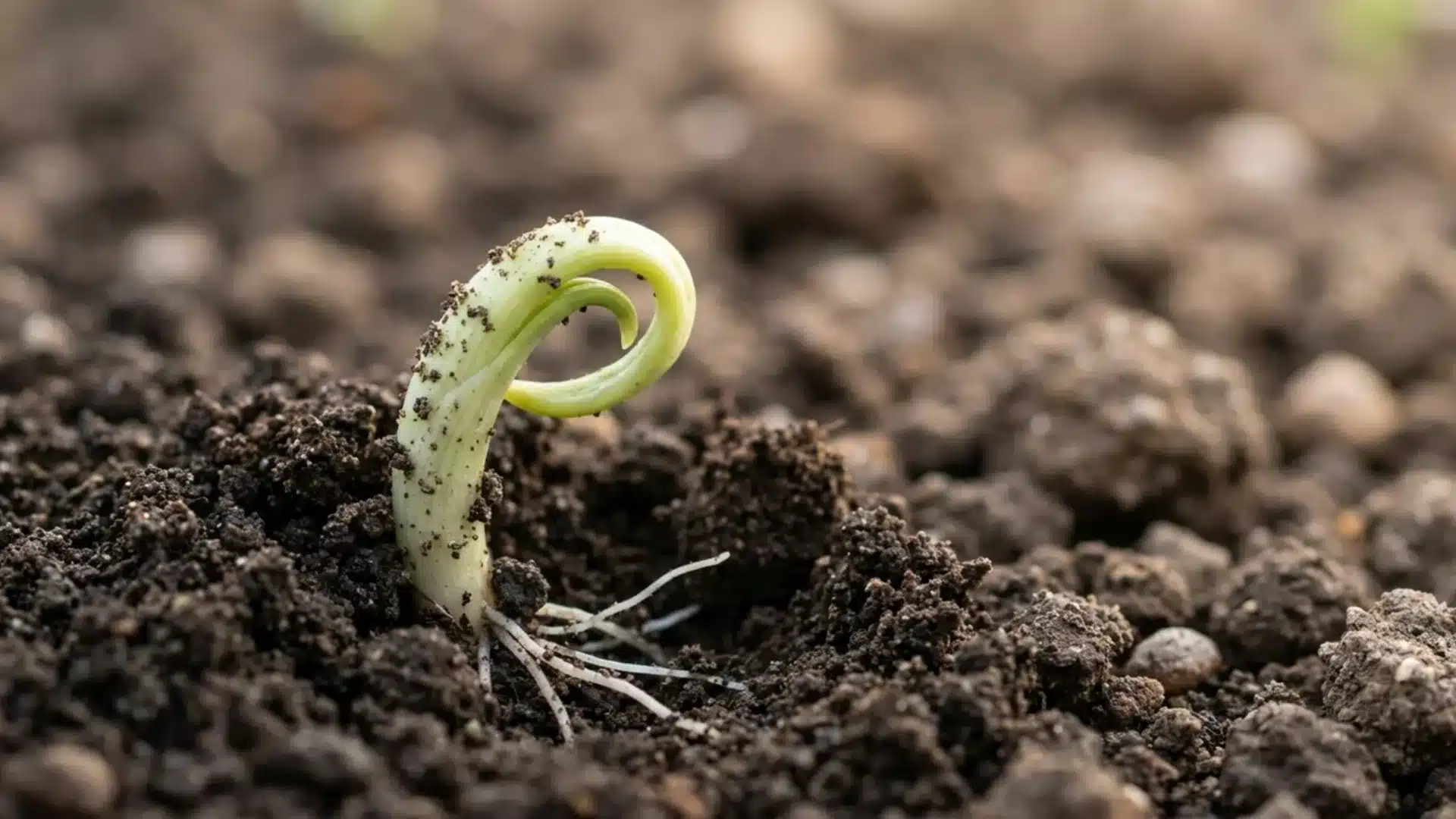 A thin green onion shoot breaking through dark garden soil