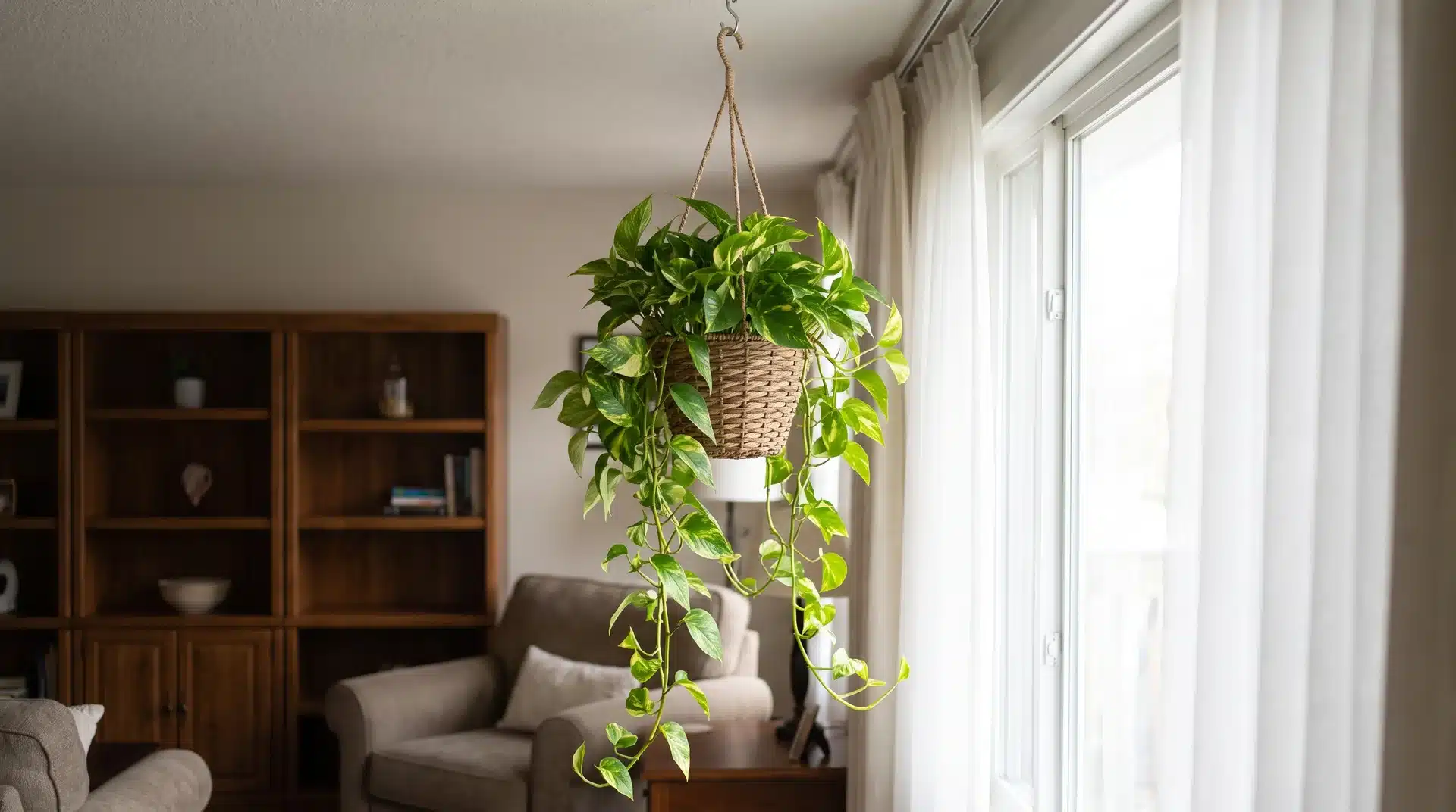 Golden pothos plant with trailing vines growing from a hanging basket near a bright window.