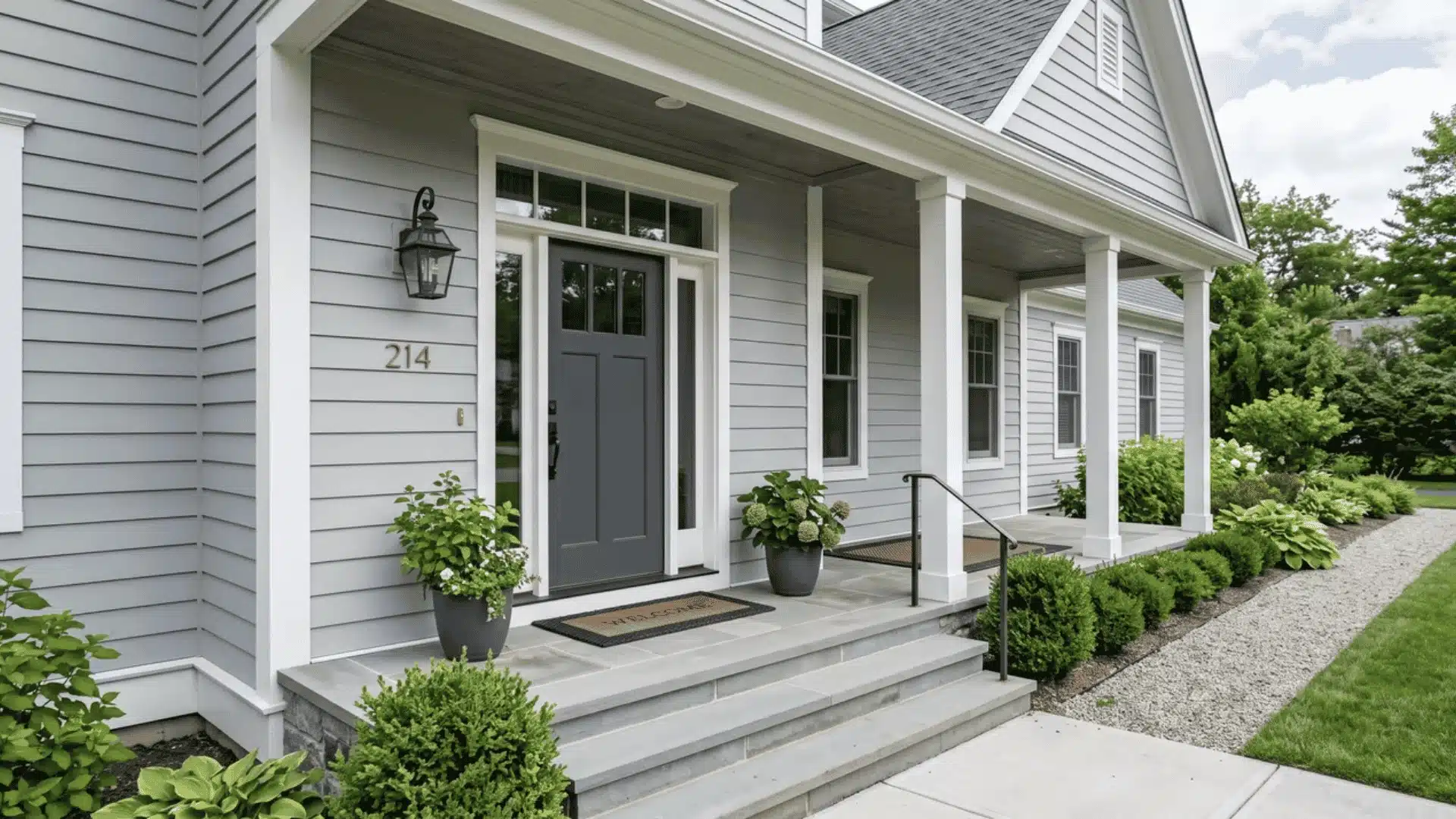 Front door color paired with gray siding and exterior trim.