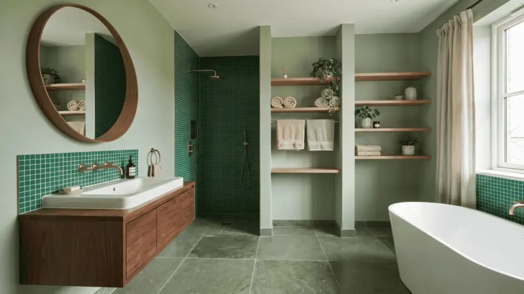 21 Green Bathroom Ideas: Shades, Styles, and Design Tips Green bathroom with painted walls, tiled surfaces, vanity, and natural wood accents