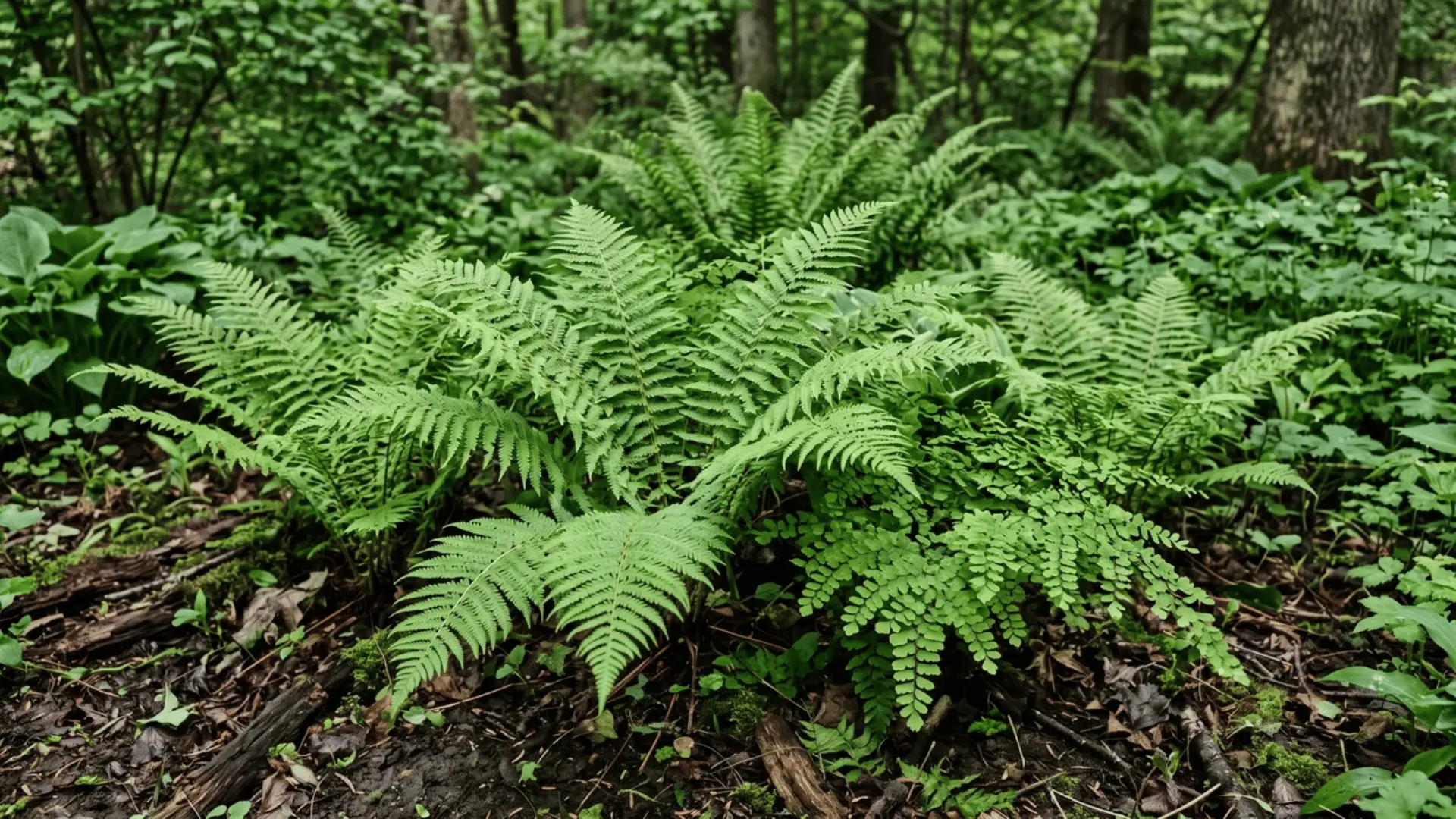 Green fern fronds growing in shaded garden